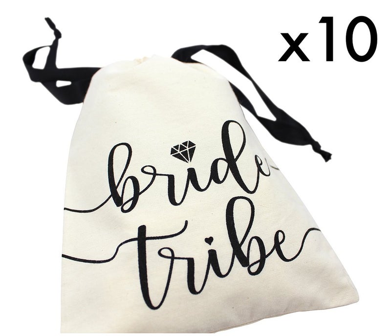 Bachelorette to Bride 10pc Bride Tribe Drawstring Bags w/Satin Ribbon, 7x5â€ - Cotton Pouch for Bridesmaids, Bachelorette, Bridal Party, Bridal Shower, Wedding Favor, Survival Kit, Hangover Kit (10pc Pack, Natural & Black) - Image 2